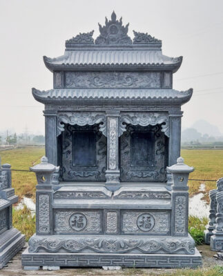 Mẫu lăng mộ đá xanh rêu 2 mái đẹp, thiết kế truyền thống trang nghiêm